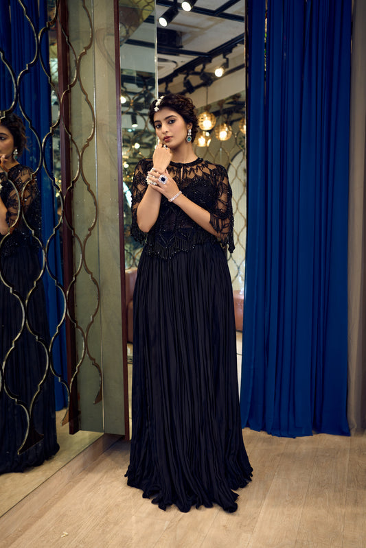 BLACK CAPE AND SKIRT - Label Divya Jain