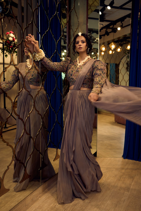 DRAPED SAREE WITH FULL SLEEVES BLOUSE