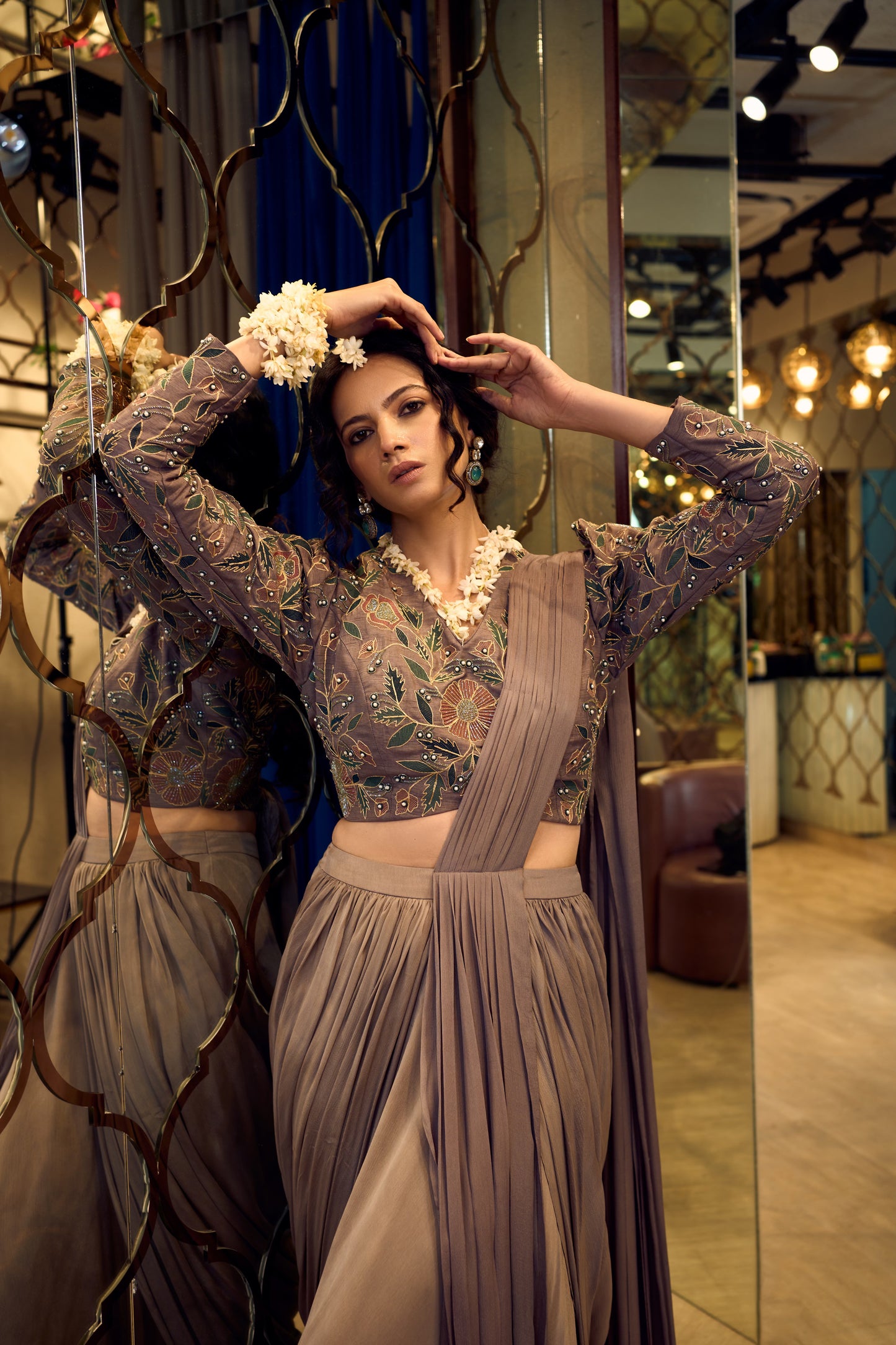 DRAPED SAREE WITH FULL SLEEVES BLOUSE