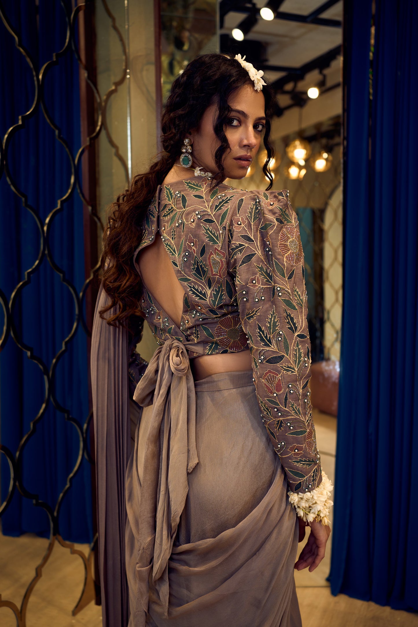DRAPED SAREE WITH FULL SLEEVES BLOUSE